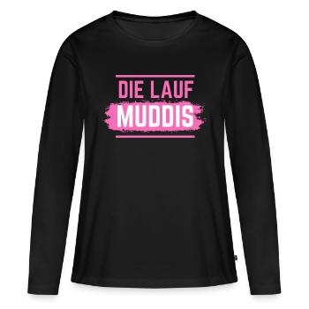 Muddy run shirt mud Matsch Laufshirt Team Muddi - Frauen Premium Bio Langarmshirt - Schwarz - Vorne - Julia (174cm)