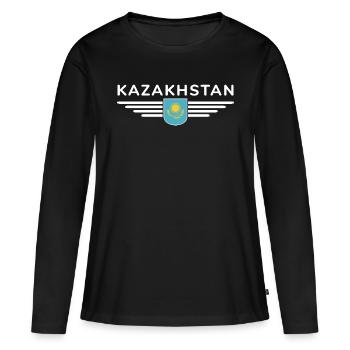 Kasachstan Design – Steppe und Tradition - Frauen Premium Bio Langarmshirt - Schwarz - Vorne - Julia (174cm)