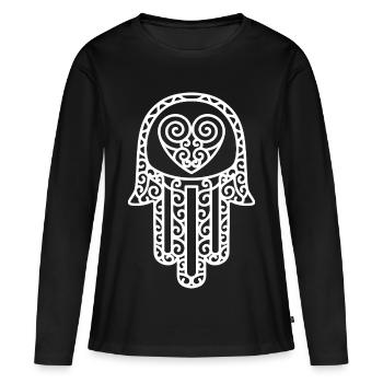 Hamsa – La main de Fatima : protection et bonheur - T-shirt manches longues Premium bio Femme - noir - Devant - Julia (174cm)