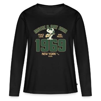 Peanuts Snoopy Peace Love Music 1969 - Frauen Premium Bio Langarmshirt - Schwarz - Vorne - Julia (174cm)