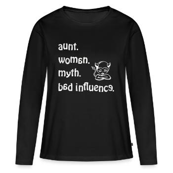 étonné. Femme. mythe. Mauvaise influence - Rétro - T-shirt manches longues Premium bio Femme - noir - Devant - Julia (174cm)