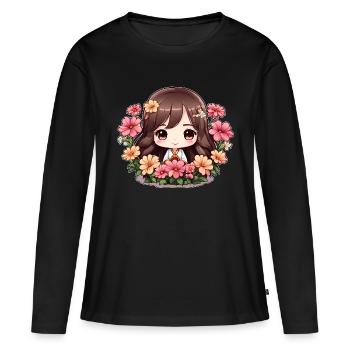 Une chibi en fleurs - T-shirt manches longues Premium bio Femme - noir - Devant - Julia (174cm)