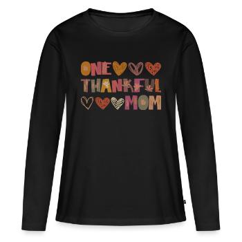 Thankful Mom Mama Herbst Blätter Dankbarkeit - Frauen Premium Bio Langarmshirt - Schwarz - Vorne - Julia (174cm)