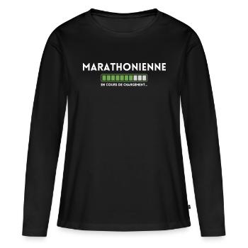Marathonienne en cours de chargement - T-shirt manches longues Premium bio Femme - noir - Devant - Julia (174cm)