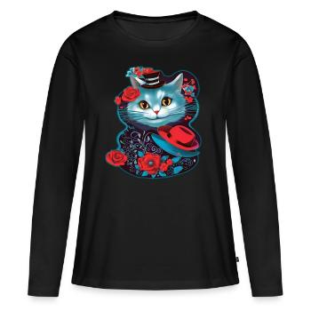 Chat mignon avec chapeau et roses - T-shirt manches longues Premium bio Femme - noir - Devant - Julia (174cm)
