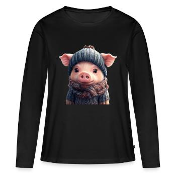 Niedliches Schweinchen - Frauen Premium Bio Langarmshirt - Schwarz - Vorne - Julia (174cm)
