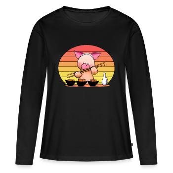 Pork tries sushi with chopsticks - Women's Premium Organic Long Sleeve Shirt - black - Front - Julia (174cm)