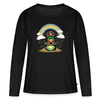 Teckel arc-en-ciel I Pot d’or Saint-Patrick - T-shirt manches longues Premium bio Femme - noir - Devant - Julia (174cm)
