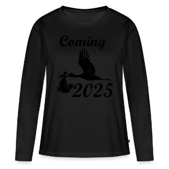 Bébé arrive en 2025, la cigogne amène le bébé en 2025 - T-shirt manches longues Premium bio Femme - noir - Devant - Julia (174cm)