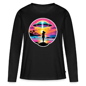 Rencontre d’OVNI sur la plage au coucher du soleil. - T-shirt manches longues Premium bio Femme - noir - Devant - Julia (174cm)