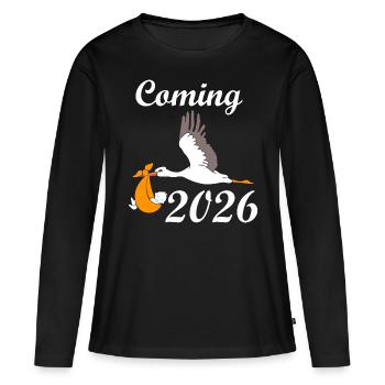 Annonce de bébé Stork Arrival 2026 - T-shirt manches longues Premium bio Femme - noir - Devant - Julia (174cm)