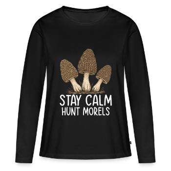 Restez calme Chasse aux morilles champignons Morilles - T-shirt manches longues Premium bio Femme - noir - Devant - Julia (174cm)