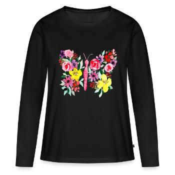 Papillon coloré avec des fleurs - T-shirt manches longues Premium bio Femme - noir - Devant - Julia (174cm)