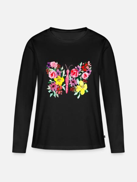 Bunter Schmetterling mit Blumen - Frauen Premium Bio Langarmshirt - Schwarz