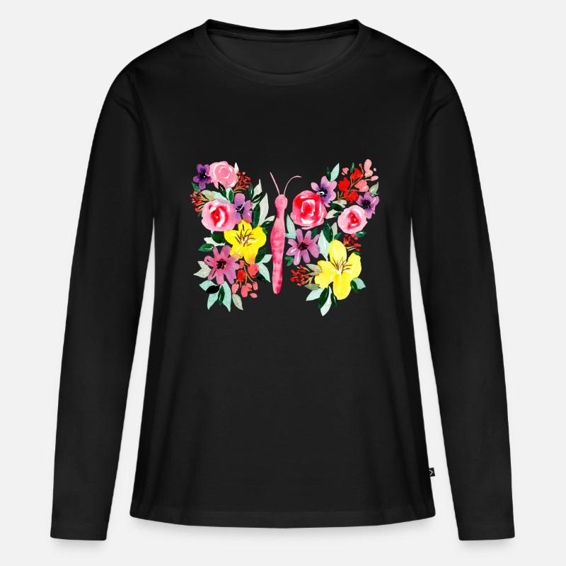 Bunter Schmetterling mit Blumen - Frauen Premium Bio Langarmshirt - Schwarz
