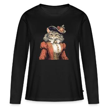 Katze im 1800 Jahre Stil Gekleidet Nobel Barock - Frauen Premium Bio Langarmshirt - Schwarz - Vorne - Julia (174cm)