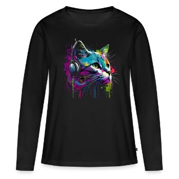 Chat avec écouteurs - T-shirt manches longues Premium bio Femme - noir - Devant - Julia (174cm)