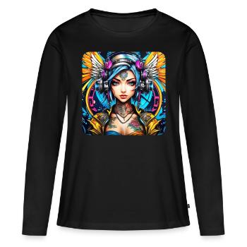 Ange cyberpunk cool avec des écouteurs - T-shirt manches longues Premium bio Femme - noir - Devant - Julia (174cm)
