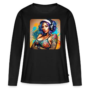 Cool Graffiti Hip Hop Fille avec des écouteurs de musique - T-shirt manches longues Premium bio Femme - noir - Devant - Julia (174cm)