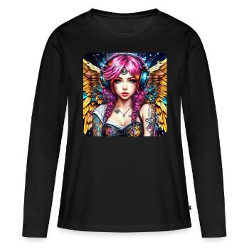 Cooler Cyberpunk Engel mit Kopfhörer - Frauen Premium Bio Langarmshirt - Schwarz - Vorne - Julia (174cm)