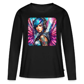 Ange cyberpunk cool avec des écouteurs - T-shirt manches longues Premium bio Femme - noir - Devant - Julia (174cm)