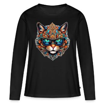 Chat Steampunk cool avec des lunettes - T-shirt manches longues Premium bio Femme - noir - Devant - Julia (174cm)