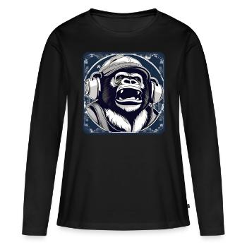 Gorille avec des écouteurs, un chapeau d’hiver et de la neige - T-shirt manches longues Premium bio Femme - noir - Devant - Julia (174cm)