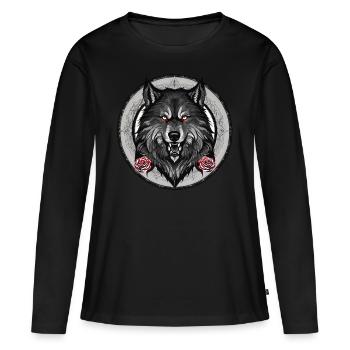 Grimmiger Wolf mit Rosen - Frauen Premium Bio Langarmshirt - Schwarz - Vorne - Julia (174cm)