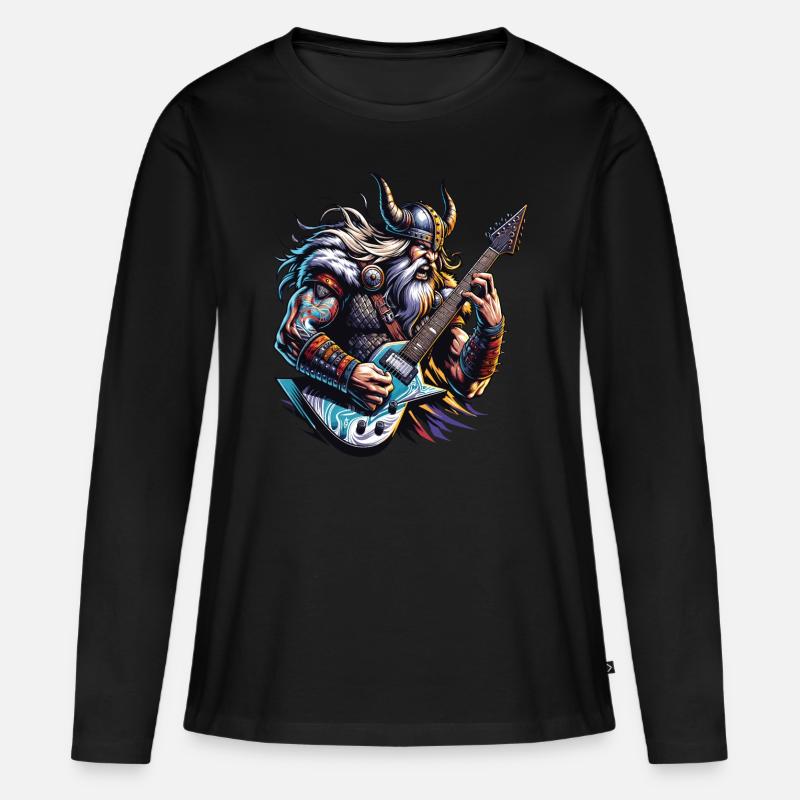 Wikingerkrieger, der E-Gitarre spielt. - Frauen Premium Bio Langarmshirt - Schwarz