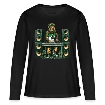 Un lion rasta dj qui mixe entouré d'enceintes - T-shirt manches longues Premium bio Femme - noir - Devant - Julia (174cm)