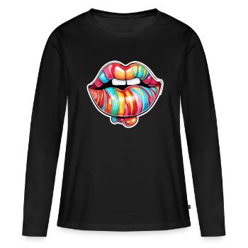 Bouche / Lèvres / Dents / Langue / Sourire / Baiser - T-shirt manches longues Premium bio Femme - noir - Devant - Julia (174cm)