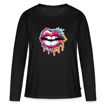 Bouche / Lèvres / Dents / Langue / Sourire / Baiser - T-shirt manches longues Premium bio Femme - noir - Devant - Julia (174cm)