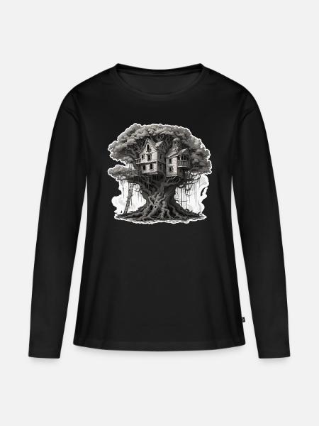 Baumhaus / Baumkrone / Baumhütte / Abenteuer - Frauen Premium Bio Langarmshirt - Schwarz