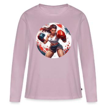Boxeur / Sports / Combat / Arène / Ring de boxe / Poings - T-shirt manches longues Premium bio Femme - rose poudré - Devant - Julia (174cm)