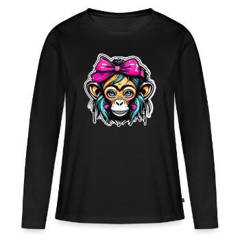 Singe mignon / Fille de singe / Mignon / noeud de cheveux - T-shirt manches longues Premium bio Femme - noir - Devant - Julia (174cm)