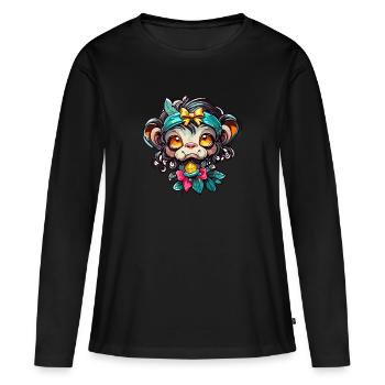 Singe mignon / Fille de singe / Mignon / noeud de cheveux - T-shirt manches longues Premium bio Femme - noir - Devant - Julia (174cm)