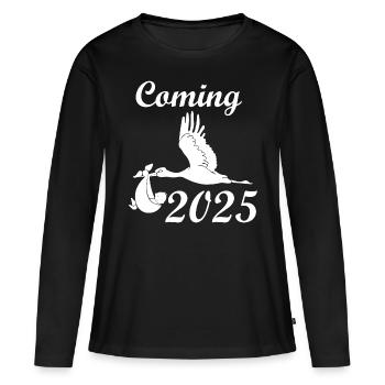 Bébé arrive en 2025, la cigogne amène le bébé en 2025 - T-shirt manches longues Premium bio Femme - noir - Devant - Julia (174cm)