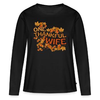 Thankful Wife Frau Herbst Blätter Dankbarkeit - Frauen Premium Bio Langarmshirt - Schwarz - Vorne - Julia (174cm)