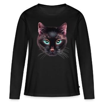 Schwarze Katze mit blauen Augen nicht glücklich - Frauen Premium Bio Langarmshirt - Schwarz - Vorne - Julia (174cm)