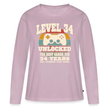 Niveau 34 débloqué - anniversaire 34 ans - T-shirt manches longues Premium bio Femme - rose poudré - Devant - Julia (174cm)