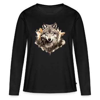 Wolf Wolfskopf Natur Wildnis Wald Bäume Kunst - Frauen Premium Bio Langarmshirt - Schwarz - Vorne - Julia (174cm)