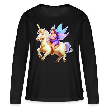 Niedliche dicke gute Laune Fee mit Einhorn - Frauen Premium Bio Langarmshirt - Schwarz - Vorne - Julia (174cm)