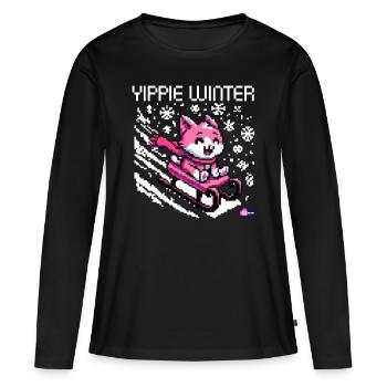 FUNNY SLEIGH WINTER CAT RETRO PIXEL ART - Women's Premium Organic Long Sleeve Shirt - black - Front - Julia (174cm)