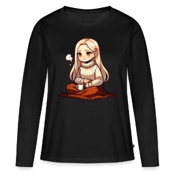 Gemütlicher Herbsttag mit Tee und Strickpullover - Frauen Premium Bio Langarmshirt - Schwarz - Vorne - Julia (174cm)