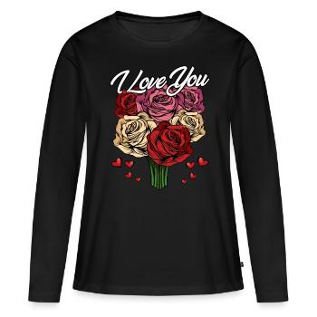 Je t'aime | Déclaration de roses de coeurs d'amour cadeau - T-shirt manches longues Premium bio Femme - noir - Devant - Julia (174cm)