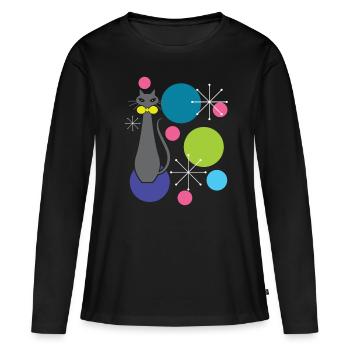 Retro Style Atomic Era Mid Century Cool Cat - Frauen Premium Bio Langarmshirt - Schwarz - Vorne - Julia (174cm)