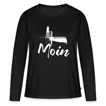 Moin für Nordlichter mit Leuchtturm Obereversand - Frauen Premium Bio Langarmshirt - Schwarz - Vorne - Julia (174cm)