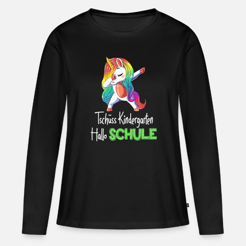 Einhorn Tschüss Kindergarten Einschulung 2019 - Frauen Premium Bio Langarmshirt - Schwarz