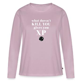 Ce qui ne te tue pas apporte l’expérience jeu de rôle - T-shirt manches longues Premium bio Femme - rose poudré - Devant - Julia (174cm)