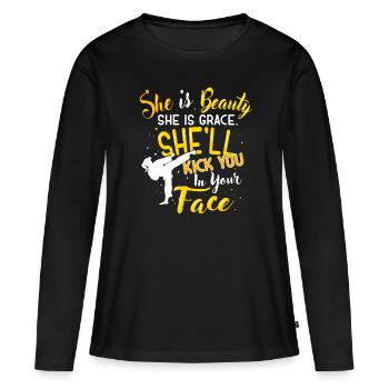 Funny Karate Girl Kickboxing Taekwondo Shirt - Women's Premium Organic Long Sleeve Shirt - black - Front - Julia (174cm)